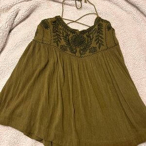 Free People Olive Embroidered Blouse